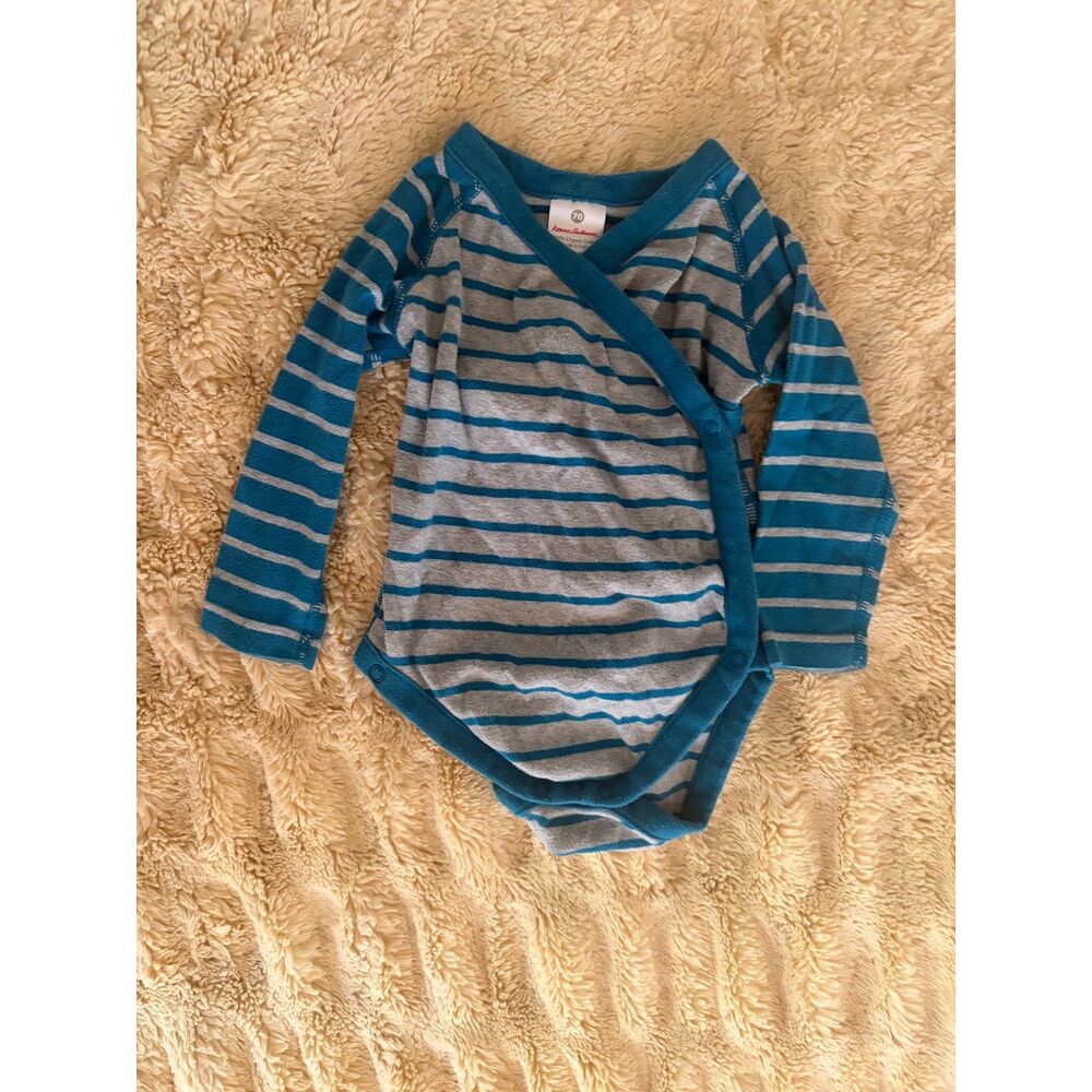 Hanna Andersson Baby Striped Bluish Green and Gray Bodysuit 6-12M
